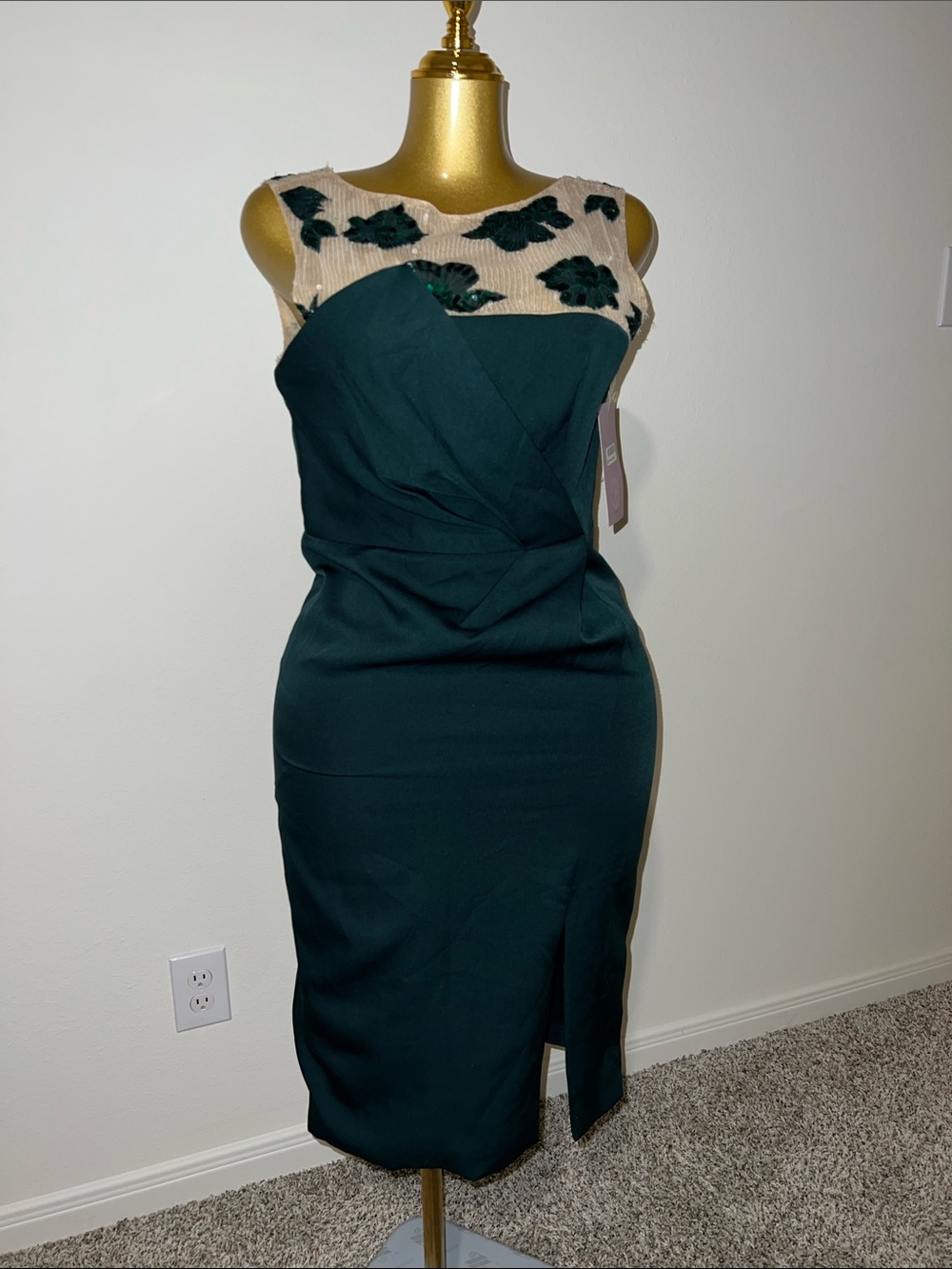 JS Collections Dark Green Sheath Dress with Cream Floral Yoke